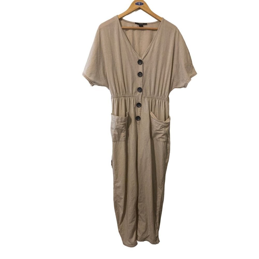 Toxik 3 Beige Linen Blend BIG Buttons Romper Jumpsuit Large Womens Elastic Waist